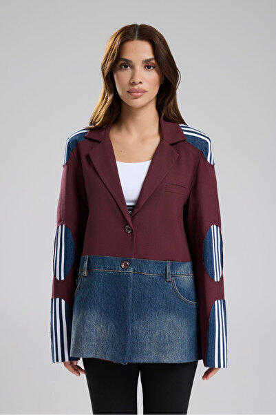 tw3 Women's Denim Garnished Stripe Detailed Design Blazer Jacket