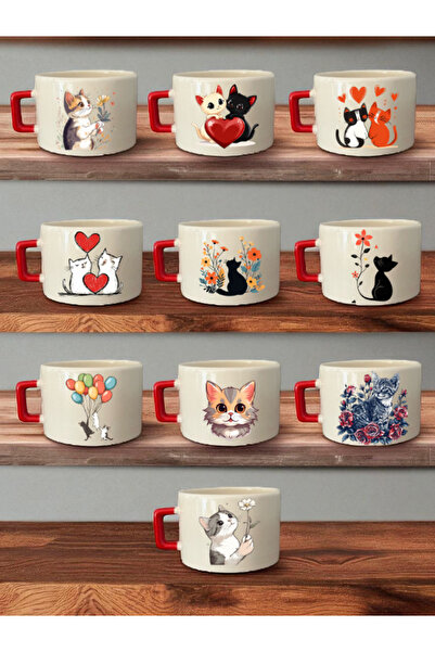 lili hediyelik Cats Themed Set of 10 Coffee Cups - Birthday Gift, Souvenir Pr...