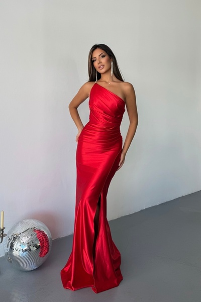 İyem Abiye Örme Saten Parlak Tek Omuz Düz Abiye Elbise Dar Kalıp