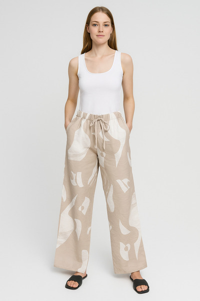 SheLoria Women's Beige Patterned Belted Elastic Waist Double Pocket Relaxed F...