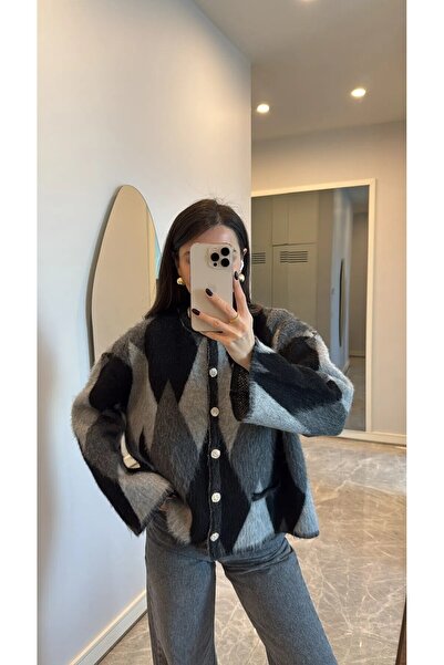 ASEZ BUTİK Cardigan de tricotat cu nasturi cu pene cu model de diamante pentru femei – Negru Gri Oversize