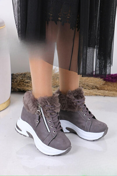 OBAY LİFE Women's White Gray Suede Wool Inside 10 cm Hidden Heel Boots Nbr1120