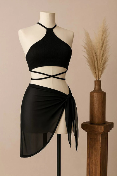 Genel Markalar Kadın Siyah Yuvarlak Yaka Crop ve Siyah Pareo 2'li Set Mayo Bi...