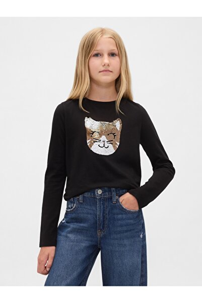 GAP Kız Çocuk Siyah Flippy-Sequin Grafik T-Shirt