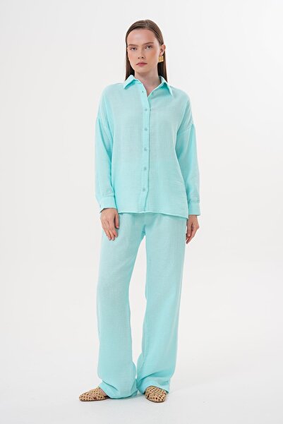 LEVURE Women's Long Sleeve Oversize Muslin Shirt Mint