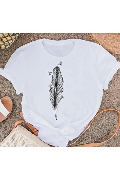 BEHLIVE Tricou de damă cu imprimeu cu pene