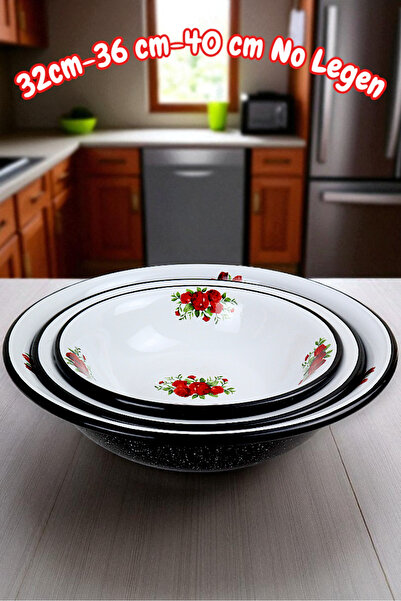 İnci Emaye 32 Cm-36 Cm-40 cm 3-Piece Enamel Basin Whisk and Mixing Bowl, Dough Basin, Fruit Bowl, Dowry, Gift,