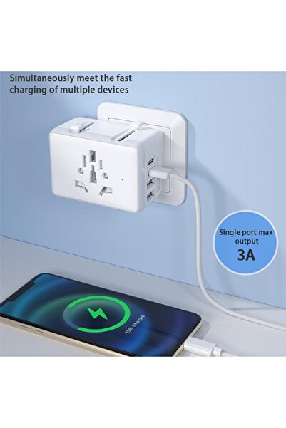 Stef's Cat Adaptor pentru Priza 15W, 2xUSB-C, 2xUSB, EU, UK, AUS, US, D57, Policarbonat, Techsuit HHt204A, Whit