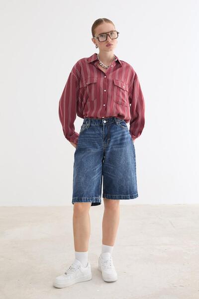 LEVURE Önü Düğmeli Oversize Viskon Gömlek BORDO