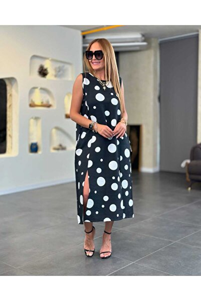 DISHI FASHİON Rochie lungă cu fantă cu mâneci zero în față, cu model cu bulin...