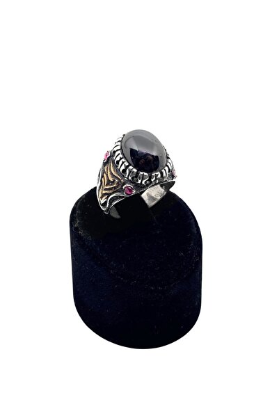 oya silver Oval Hematit Taşlı Minik Yakut Çevrili Gümüş Erkek Yüzük