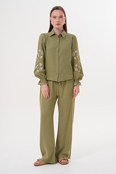 LEVURE Sleeve Embroidery Detailed Buttoned Front Shirt Khaki