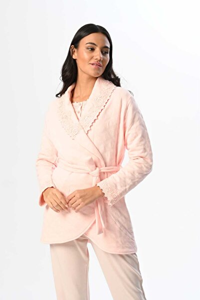 Lohussa Kadın Pudra Jakarlı Şal Yaka Dantelli Kışlık Özel Tasarım Hamile Lohusa Sabahlık Pijama Takımı Seti