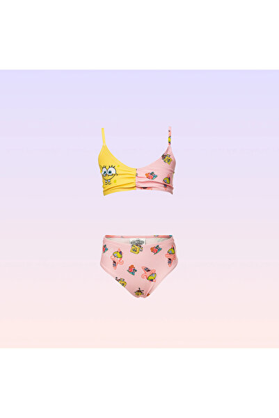 NİCKELODEON Sünger Bob Kare Pantolon Baskılı Pembe Sarı Bikini Takımı 11-12 Yaş