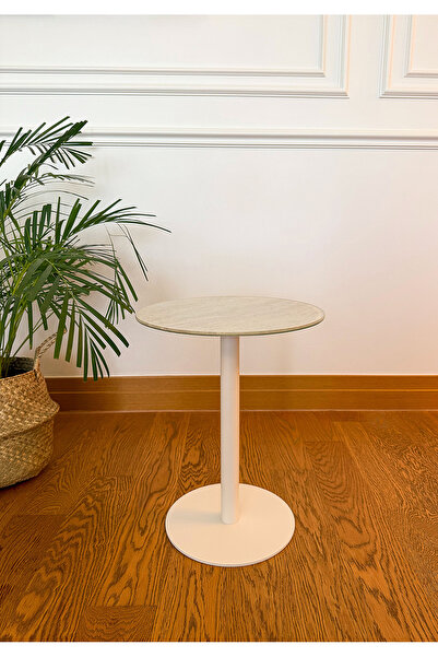 EFFE YAPI DEKOR Traverten Mermer Desenli Modern 40 CM Zigon Yan Sehpa 8 MM Temper Cam