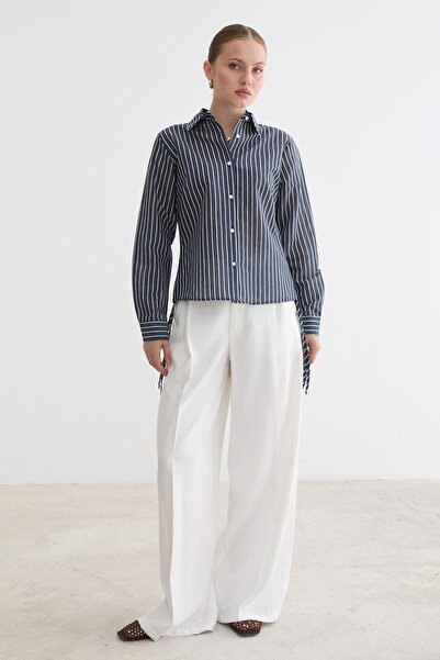 LEVURE Women's Side Gathered Lace-Up Striped Shirt Dark Blue