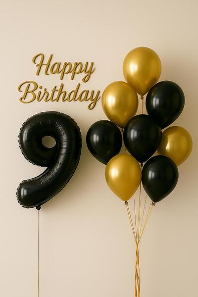 TATLI GÜNLER 9 Yaş Doğum Günü Siyah Gold Balon Konsepti - Happy Birthday Süsleme Seti