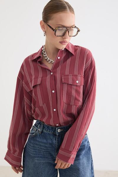 LEVURE Önü Düğmeli Oversize Viskon Gömlek BORDO