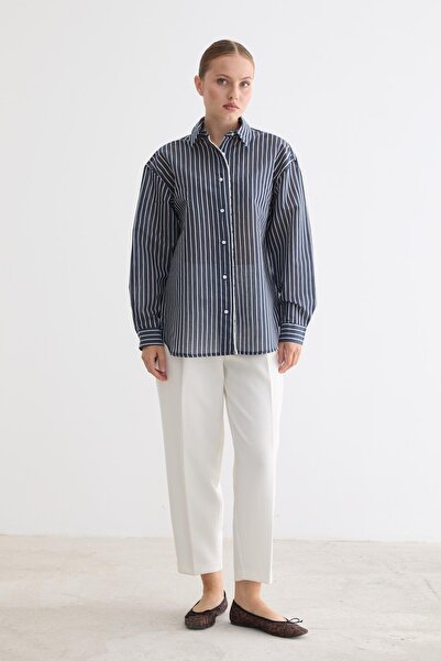 LEVURE Buttoned Front Lace Detailed Striped Shirt Dark Blue