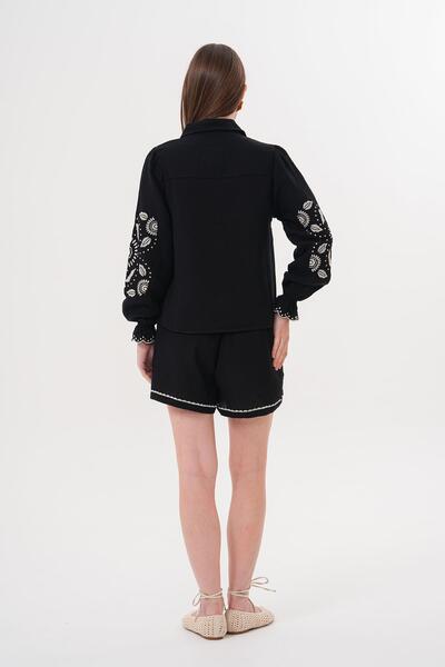 LEVURE Kol Nakış Detaylı Önü Düğmeli Gömlek SİYAH