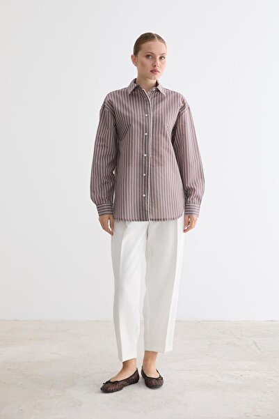 LEVURE Buttoned Front Lace Detailed Striped Shirt Brown