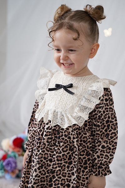 ALYRA Girl's Dress Leopard Dress Long Sleeve Bowknot Special Occasion Birthday Party Casual Baby Dress