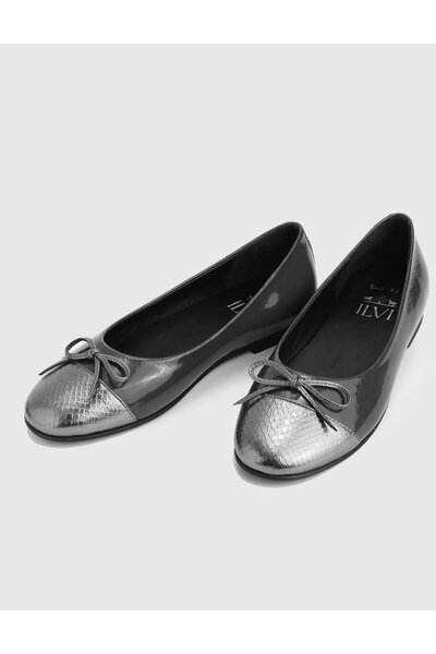 İLVİ Eloisa Genuine Patent Leather Gray Women's Ballerinas
