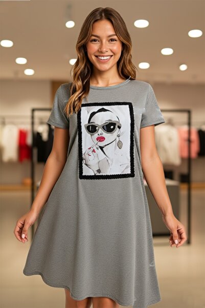 gökçesu Women's Dress Asymmetrical Cut Trend Printed Rhinestone T-Shirt Cotton Combed Casual Dress