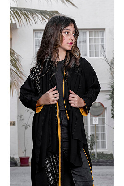 outline Black abaya with yellow lined sleeves