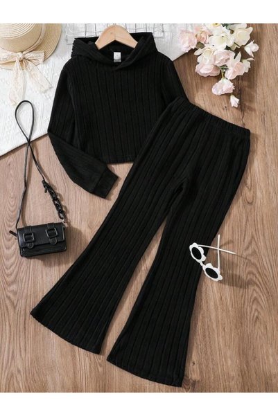 LOUİSA Girl's Black Corduroy Knitted Fabric Hooded Sweatshirt-Spanish Leg Trousers Set