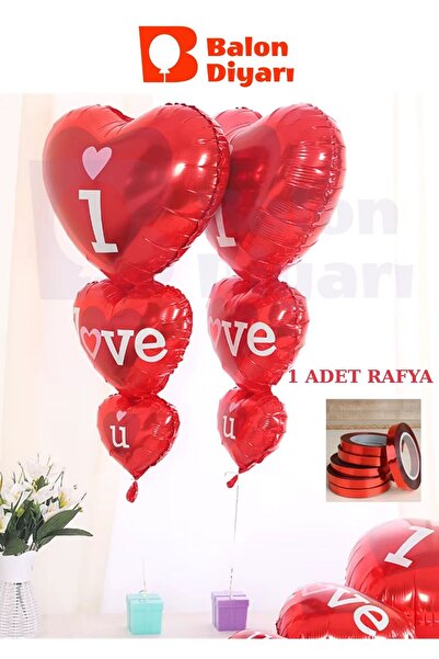 BALON DİYARI 2 Pieces of 3-Piece Heart I Love You Foil Balloons + Raffia
