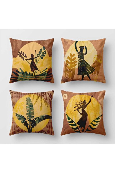 QueenHome Ethnic Patterned Decorative Throw Pillow Covers Set of 4 with African Silhouette Design, One Side Printed