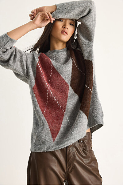 Bianco Lucci Women's Diamond Patterned Oversize Knitwear Sweater 60351284