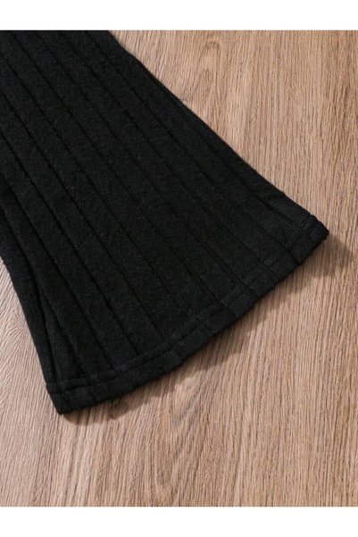 LOUİSA Girl's Black Corduroy Knitted Fabric Hooded Sweatshirt-Spanish Leg Trousers Set