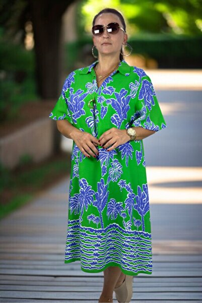 yagmurberen Palm Patterned Polo Collar Short Sleeve Relaxed Fit Medium-Length Cotton Viscose Plus Size Dress
