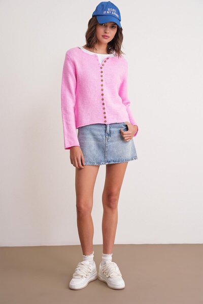 Mixray 6957 Women's Buttoned Crew Neck Knitwear Cardigan Pink