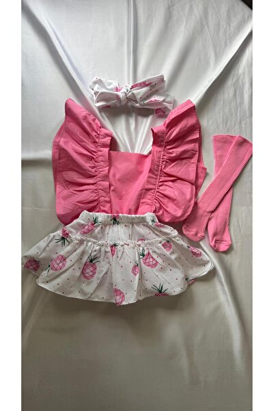 Al Ver Gülüm Kız Bebek Pembe Ananas Desen Fırfırlı Salopet Çorap Bandana Set