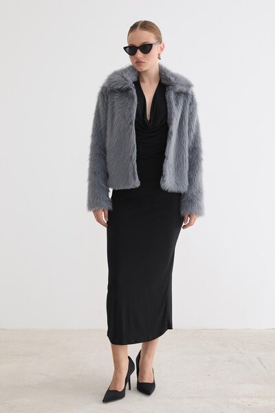 LEVURE Kadın Agraf Kapamalı Astarlı Kürk GRİ