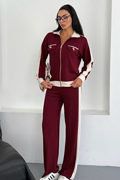 Ded COLLECTION Women's Gold Bow Ornament Pocket Thick Stripe Detailed Sporty Stylish Modal Suit