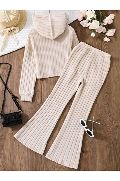 LOUİSA Σετ κοριτσίστικο μπεζ πλεκτό υφασμάτινο φούτερ με κουκούλα-ισπανικό παντελόνι με φαρδύ πόδι