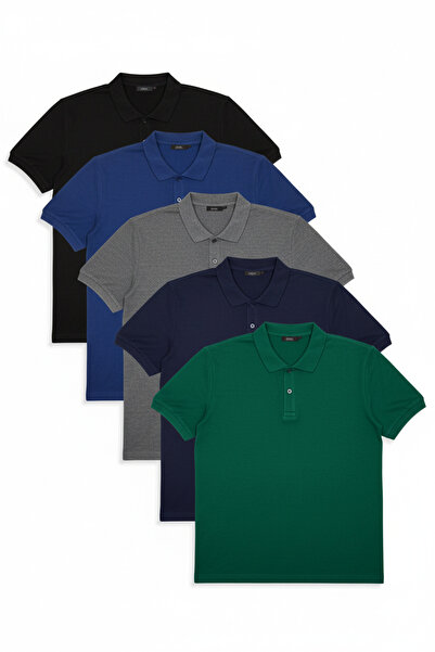 akyıldız iş elbiseleri Pachet de 5 tricouri pentru bărbați, NEGRU-BORDO-ROSU-ALBASTRU-VERDE, BUMBAC, LACOST PLAIN, Gât polo