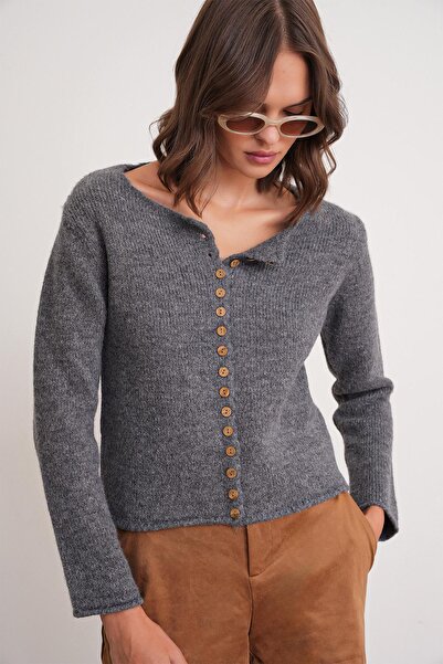 Mixray 6957 Women's Buttoned Crew Neck Knitwear Cardigan Anthracite