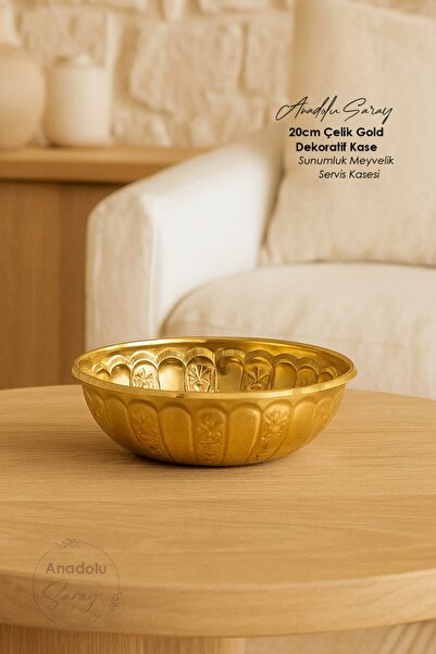 Anadolu Saray 20cm Çelik Gold Renk Dekoratif Kase | Sunumluk Meyvelik & Servis Kasesi