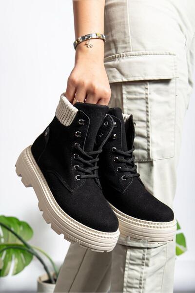 motto store Black Suede Elastic Lace-Up Flat Sole Women's Boots