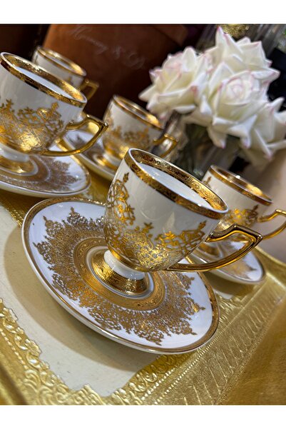 hediye ESTERHOMEDECOR 6 Kişilik porselen kahve fincan takımı beyaz gold