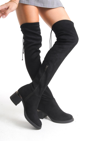 MALENTA Kadın Streç Diz Üstü Metal Topuk Detaylı Kalın Topuk Çizme – Bağcıklı...