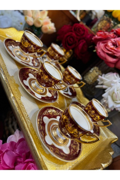 hediye Esterhomedecor 6-Person Porcelain Coffee Cup Set Burgundy