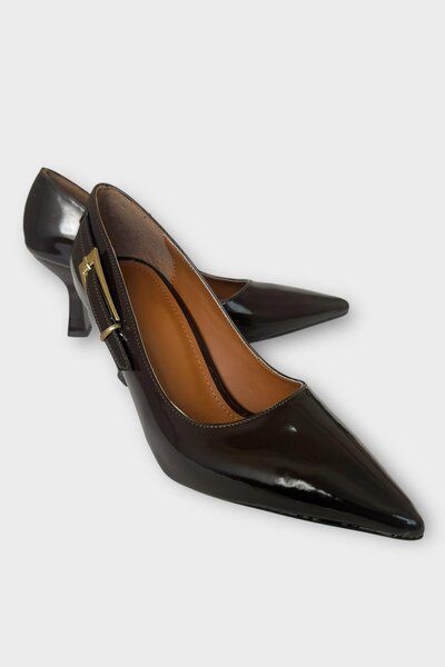 Liger Women's Patent Leather Side Band Detailed Heeled Shoes Brown