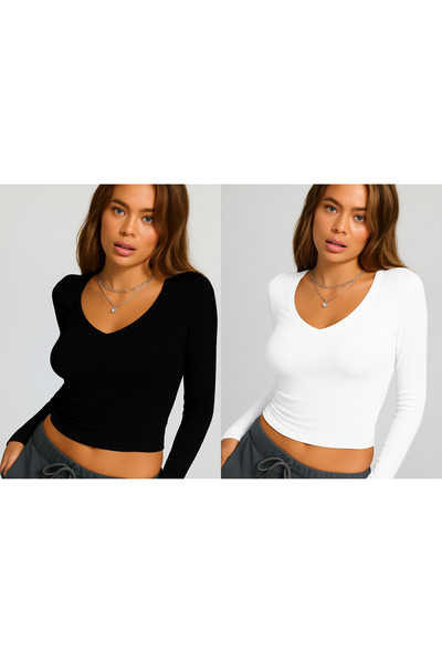 ÖZ PAMUK Women's V-Neck 2-Piece Ribbed Camisole Crop Long Sleeve Blouse
