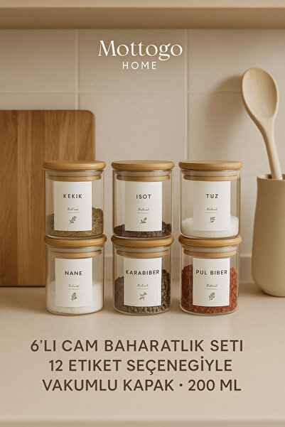 Mottogo 6'lı Bambu Kapaklı Vakumlu Baharatlık 200ml - 12 Adet Suya Dayanıklı ...